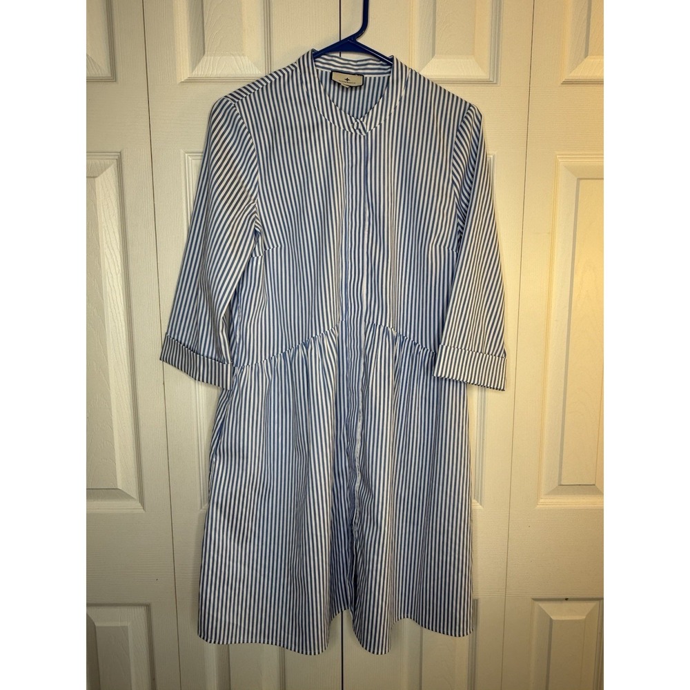 Tuckernuck Shirt Dress Blue Stripe Royal Boxy Dropped Imperial Waist Pockets S